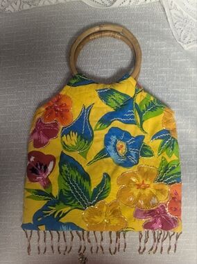 Vintage Yellow Beaded Handbag with Wood Handles | Retro Summer Seed Bead Satchel